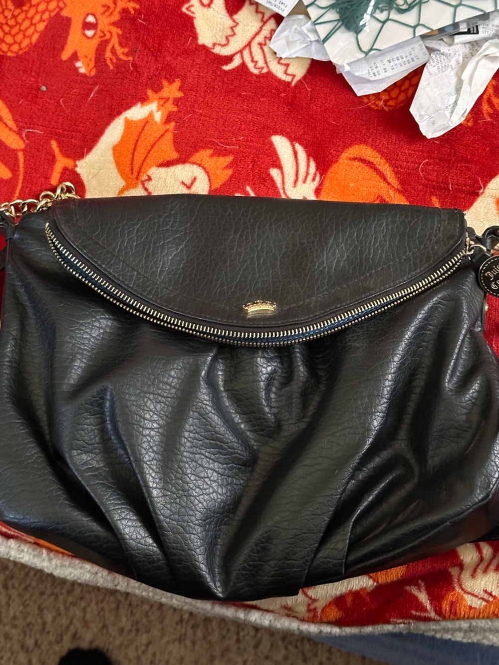 Juicy Couture Black Leather Shoulder Bag with Gold Hardware